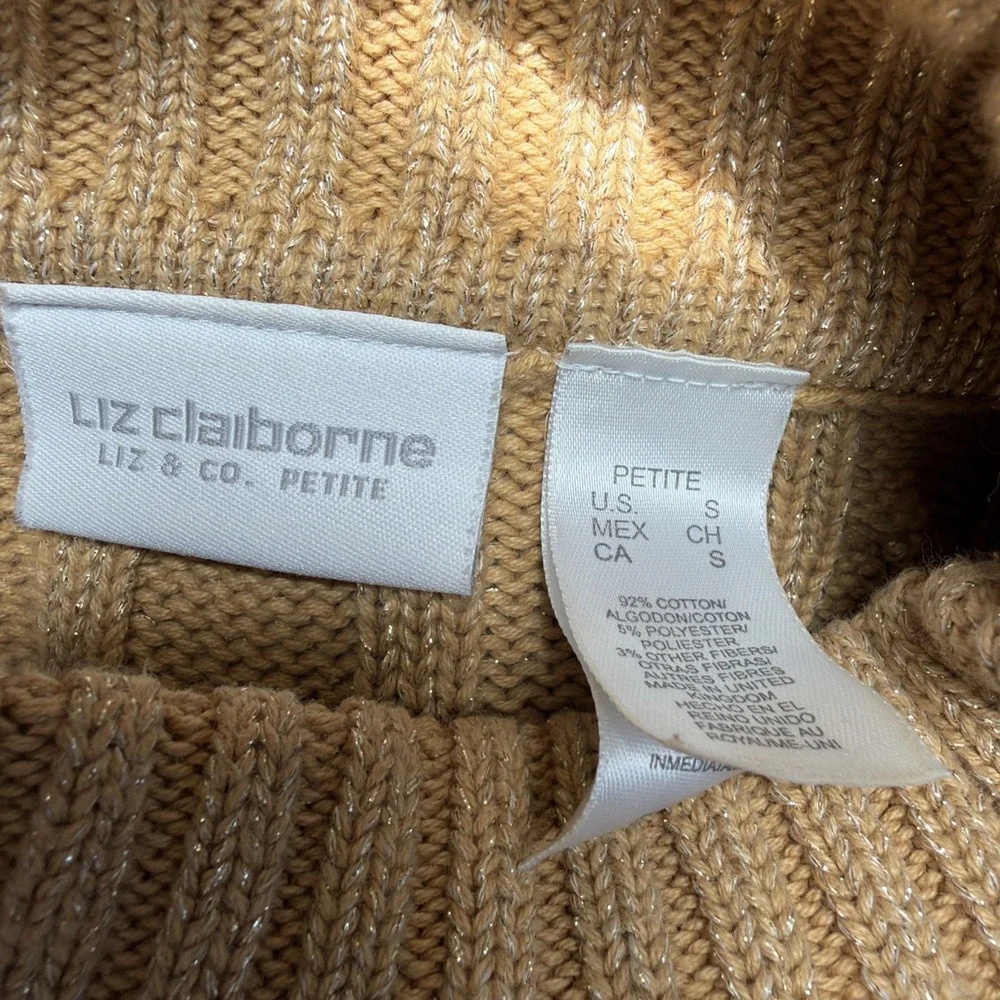 Liz Claiborne Sweater Women Gold S Petite Pullover Turtleneck Short Sleeve